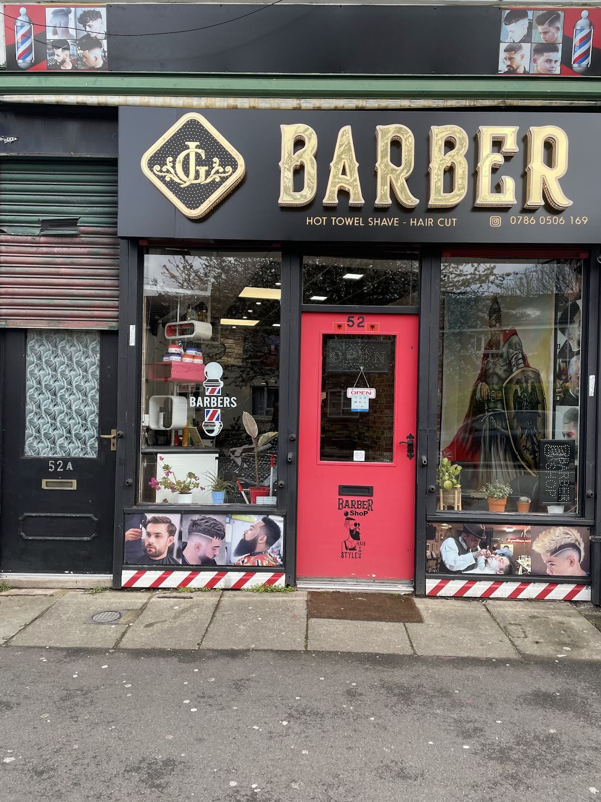 The G&J Barber shopfront and window on Liverpool Road