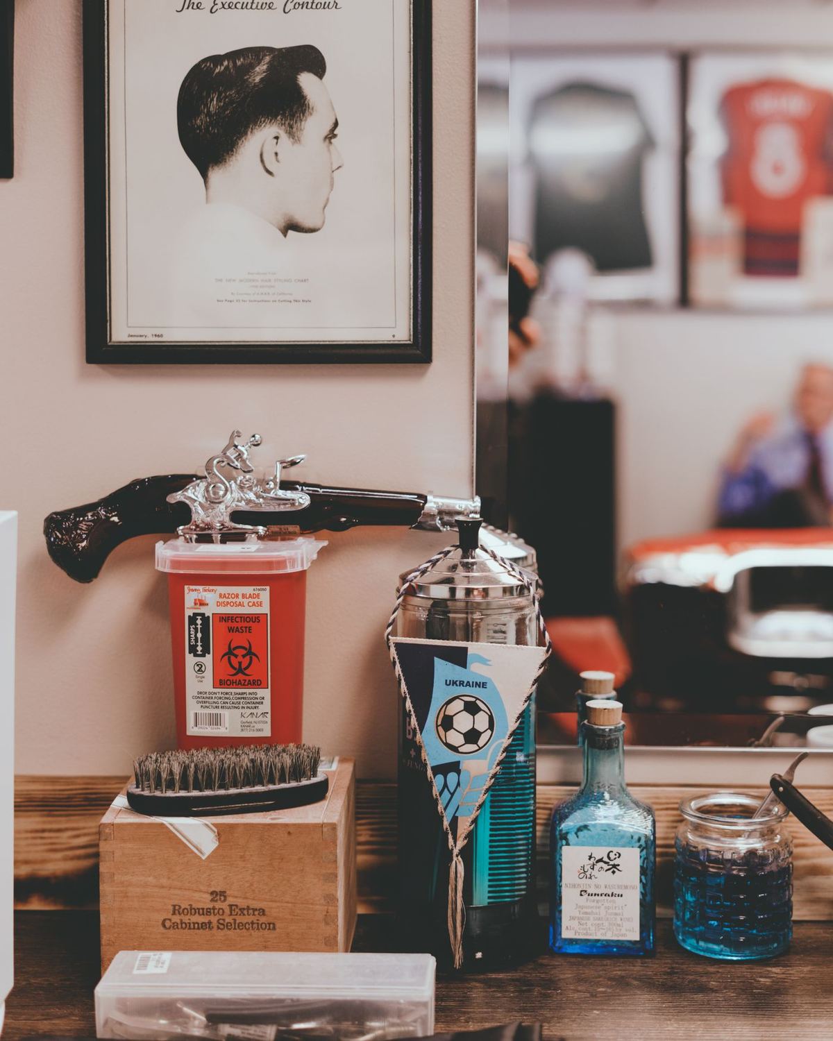 A barber's counter with products laid out