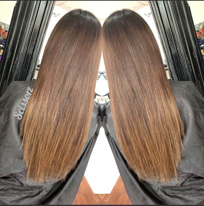 Long hair finished at Scissorz, the client in a Scissorz gown